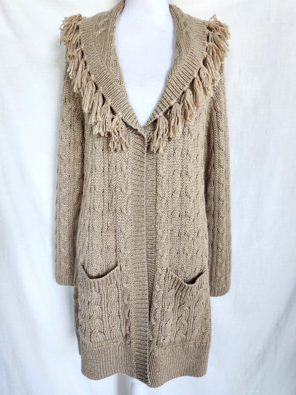 Chico's Wool Blend Sparkle Fringe Women's Sweater Cardigan Size 2- US-L